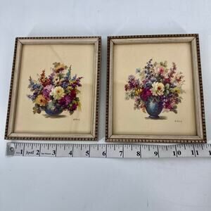Vtg MCM Framed Floral Art Print Set of 2 M.Black 5.5 x 6.5 in Small Flower Vase